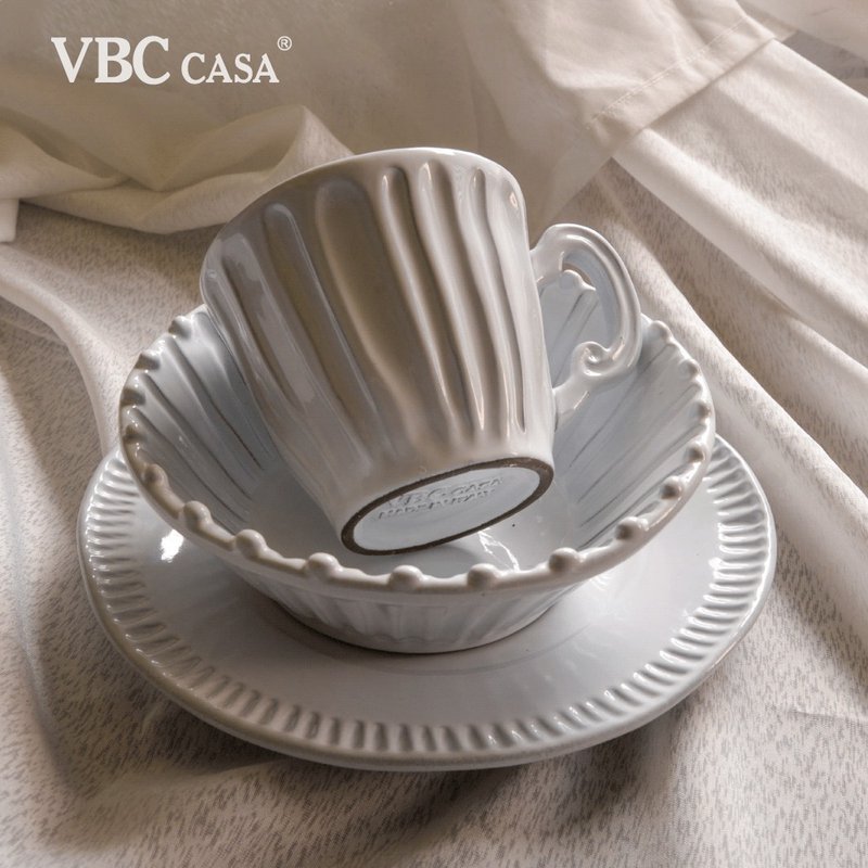 【優惠套組】義大利VBC casa-純白條紋系列早餐杯盤3件組 - 盤子/餐盤/盤架 - 陶 白色