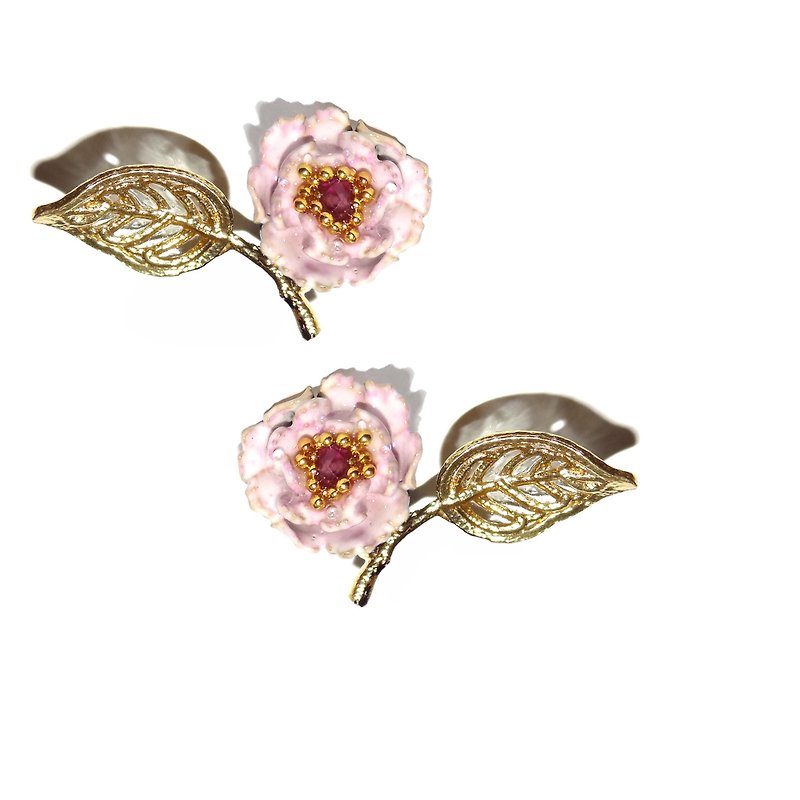 Enamel series lotus root purple flower rich and precious peony earrings (leaf type) Pre-order - ต่างหู - วัตถุเคลือบ 