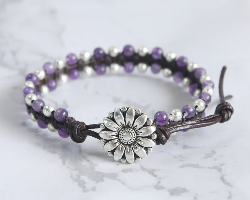 Lovely Amethyst Leather Daisy Flower Bracelets For Women Best Friends Gift - สร้อยข้อมือ - หนังแท้ สีม่วง