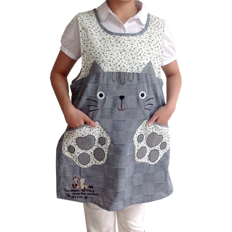 【BEAR BOY】 lovely wind meow meow side buckle two pocket aprons - gray blue - ผ้ากันเปื้อน - วัสดุอื่นๆ 