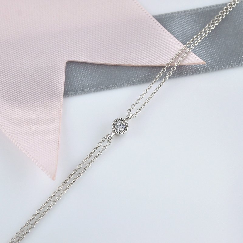 滾珠邊鑲單顆CZ雙鍊手鍊 925純銀 - 手鍊/手環 - 純銀 透明