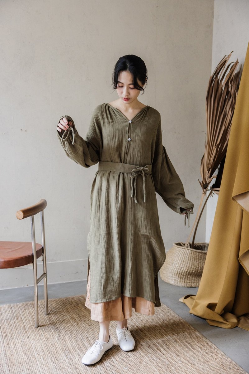 Long sleeve side slit strap dress_dark green - One Piece Dresses - Cotton & Hemp Green