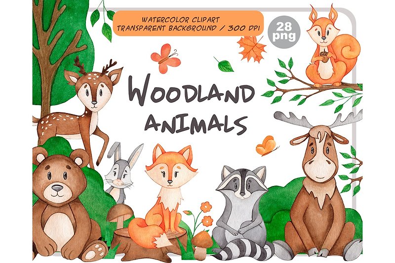 Watercolor woodland animals clipart set - Forest animals png - วาดภาพ/ศิลปะการเขียน - วัสดุอื่นๆ สีส้ม