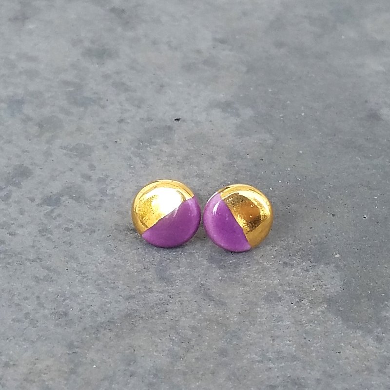 Purple Porcelain half moon Stud earrings with 24k gold luster - ต่างหู - เครื่องลายคราม สีม่วง