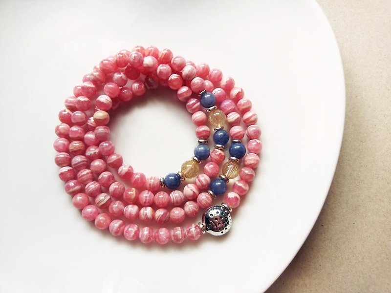 ORLI Jewelry Natural rhodochrosite red stone 108 rosary sterling silver round fish natural stone - Bracelets - Crystal Pink