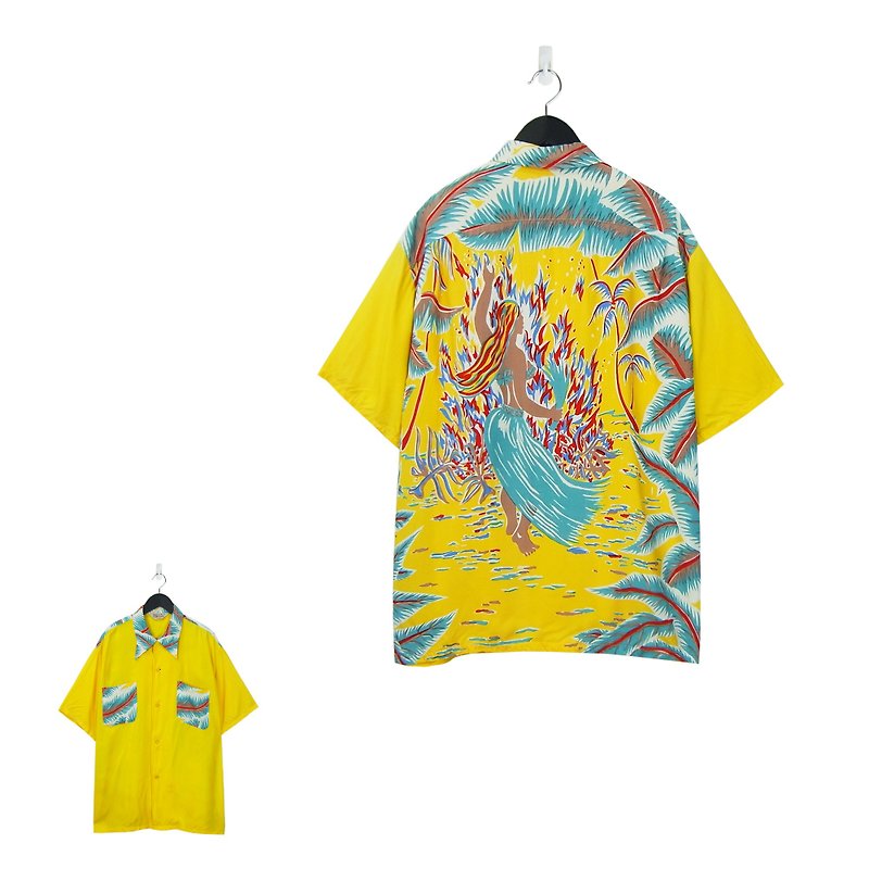 A‧PRANK :DOLLY :: Retro VINTAGE Brand Sun Surf Hawaiian T-shirt (Yellow Fire Girl T708064) - เสื้อเชิ้ตผู้ชาย - ผ้าฝ้าย/ผ้าลินิน 