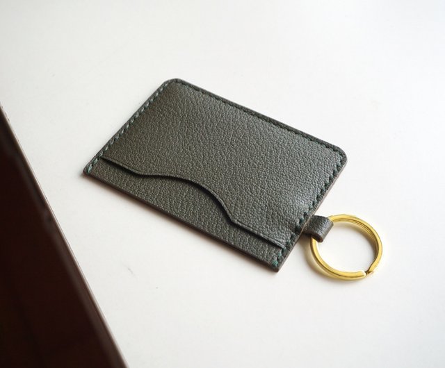 オリーブグリーンのレザーカードホルダー、キーリング付き、家の鍵