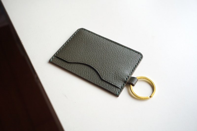 Leather Card Holder in Olive green with key ring, house key, access card holder - ที่เก็บนามบัตร - หนังแท้ สีเขียว