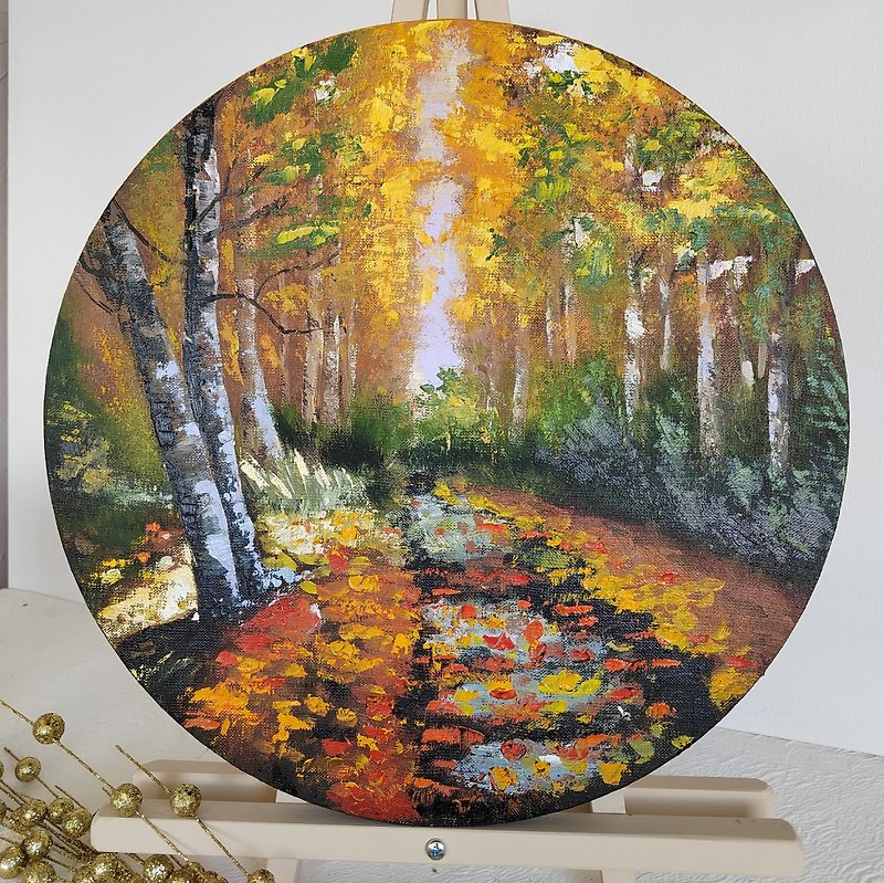 Forest Path Painting Round Autumn Landscape Oil Original Art Wall art - 海報/掛畫/掛布 - 其他材質 多色