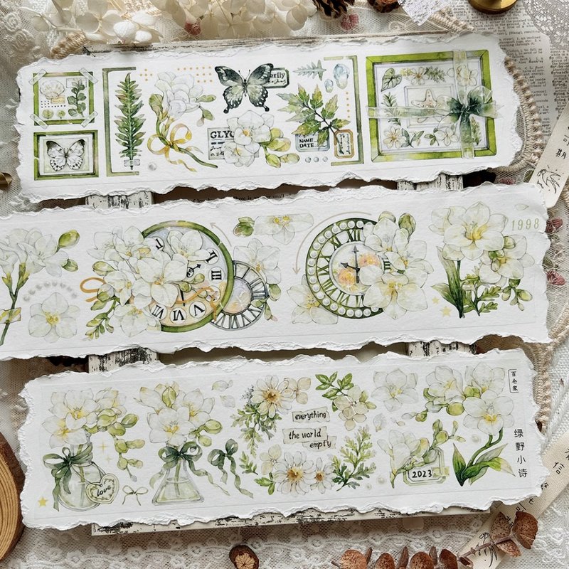 Green Field Poems Light Retro Material (Jasmine, Timepiece and Butterfly) PET Washi Tape - Washi Tape - Other Materials Green