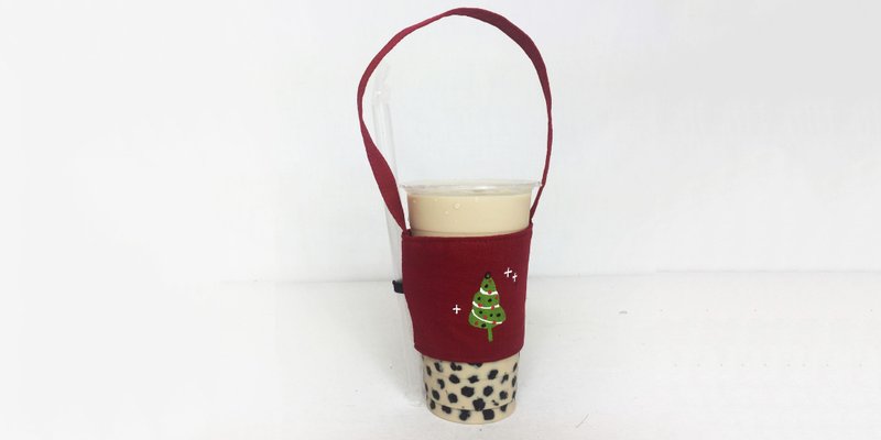 A unique Christmas green cup set / beverage bag (can draw Chinese and English name please note) - ถุงใส่กระติกนำ้ - ผ้าฝ้าย/ผ้าลินิน สีแดง