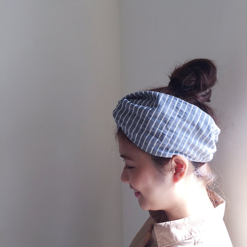 小川棉 巾帽式 鬆緊極寬版/手工髮帶 - 髮飾 - 棉．麻 藍色