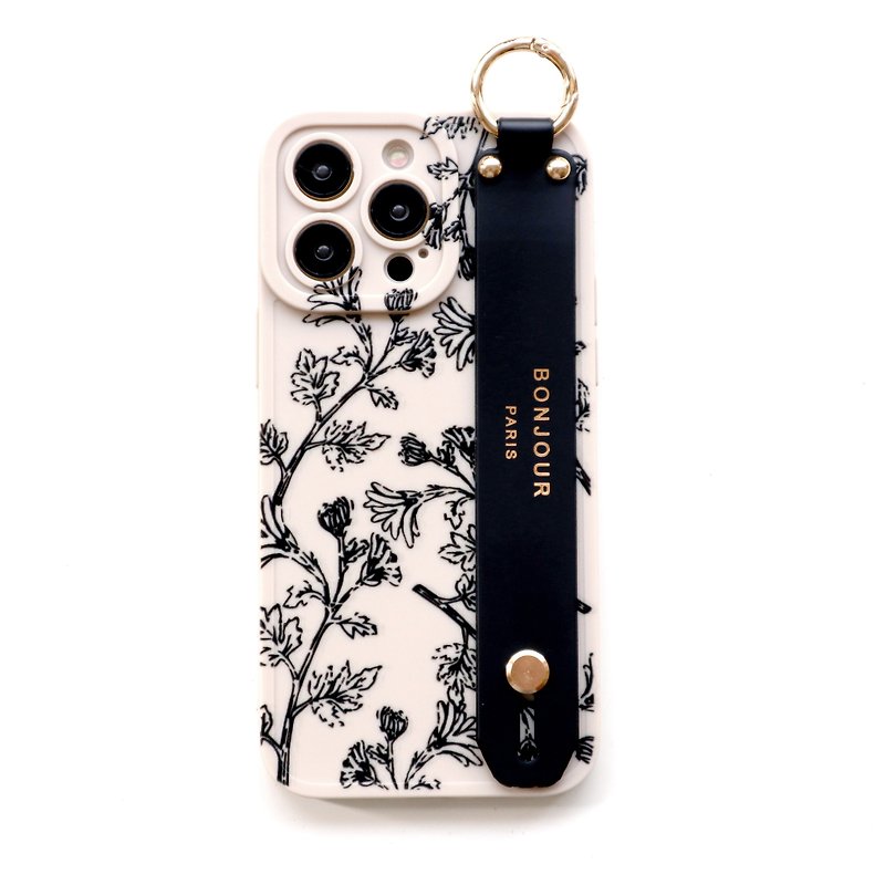 iPhone 15/14/13/12 Tokyo limited-beige and jet black flower strap phone case - Phone Cases - Plastic Khaki