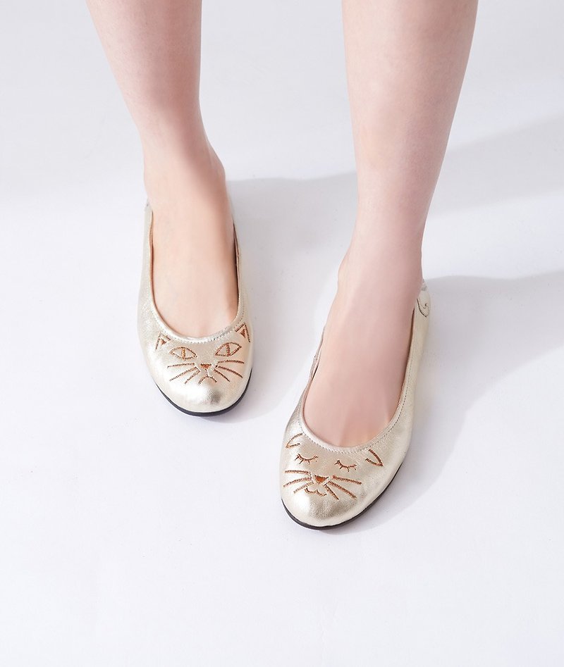 [Cat's March] Two kinds of 喵喵 ‧ folding ballet shoes _ champagne sun - Mary Jane Shoes & Ballet Shoes - Genuine Leather Gold