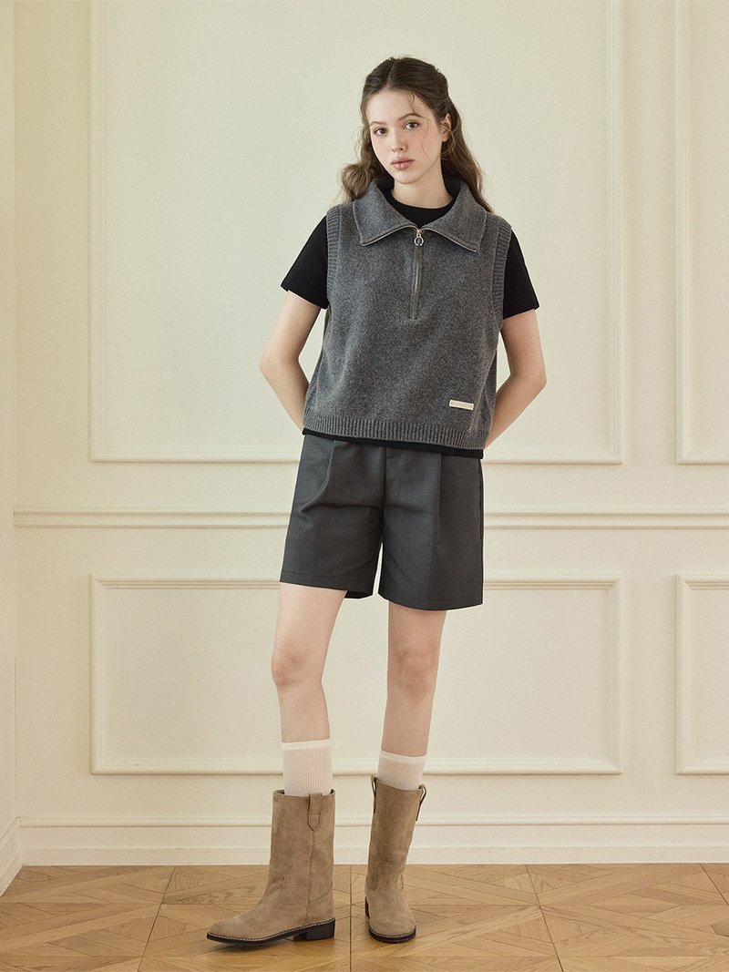 壓褶百慕達短褲 - 灰/黑 - 裙子/長裙 - 人造皮革 灰色