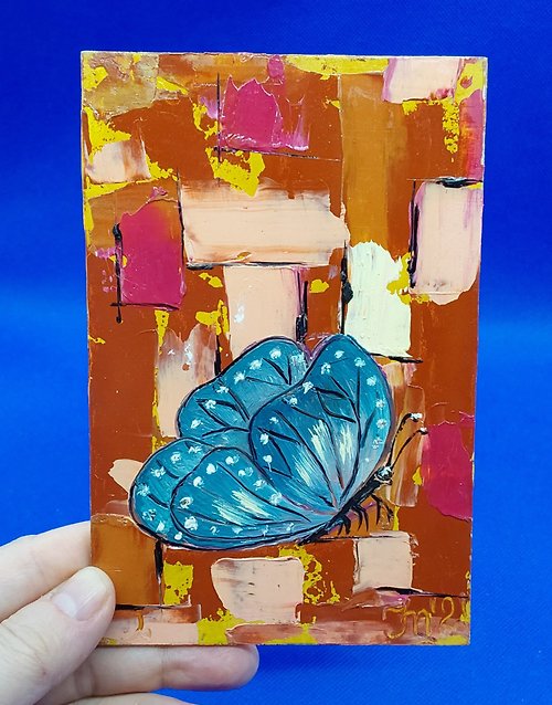 CosinessArt Blue butterfly. A bright romantic picture. Insects. Original acrylic painting