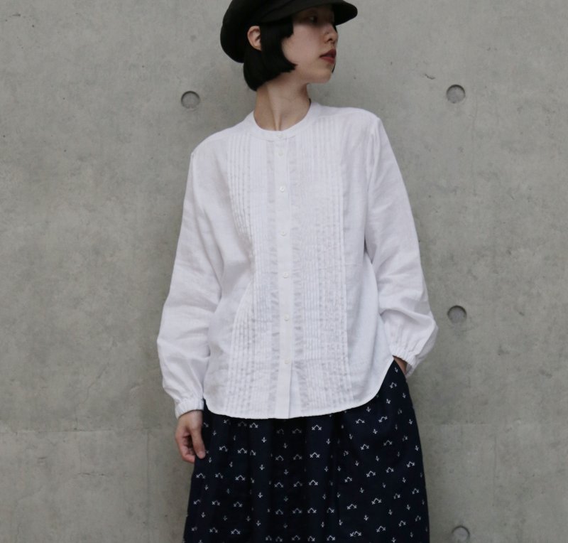 兼具優雅氣質與舒適著感的單品｜壓褶襯衫｜亞麻襯衫｜白色 251007-1 - 女裝恤衫 - 棉．麻 白色