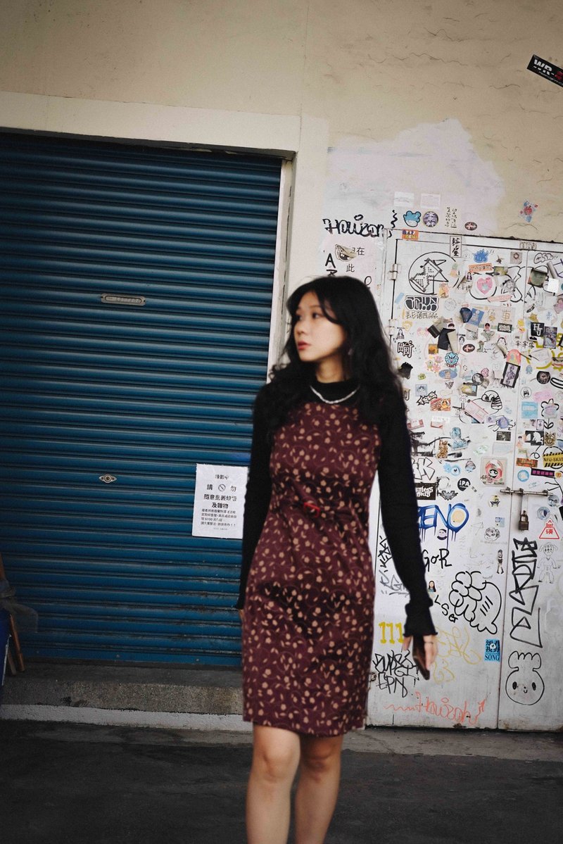 純情百貨行 Vintage 古着 冬物ワンピース OPD.050 花舞うカフェベストワンピース - ワンピース - ポリエステル ブラウン