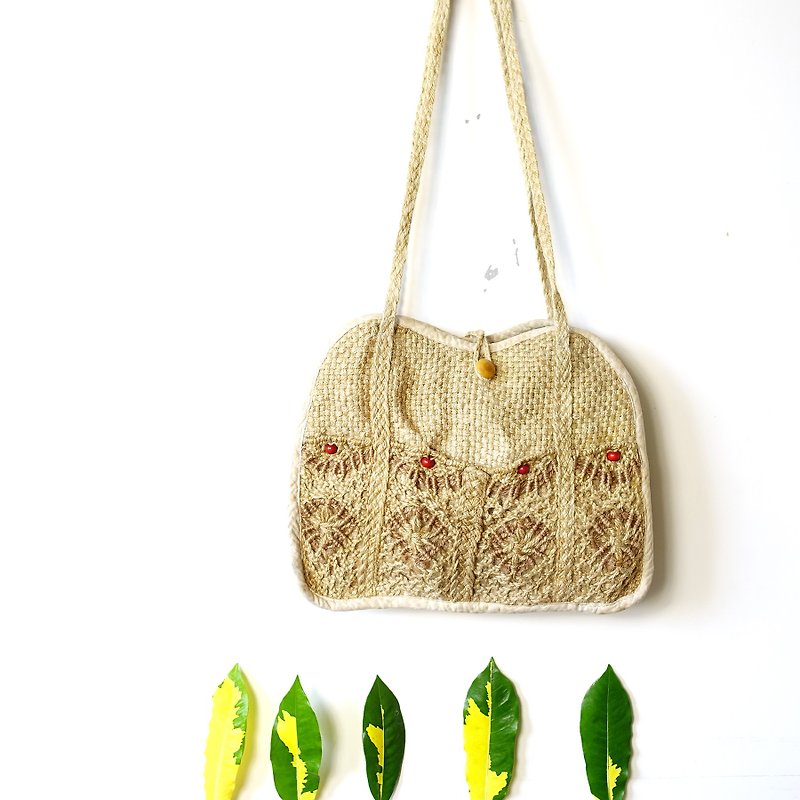 BajuTua / vintage / rustic style linen woven shoulder bag - กระเป๋าแมสเซนเจอร์ - ผ้าฝ้าย/ผ้าลินิน สีกากี