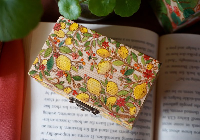 Hand-Painted Wooden Box, small, Lemon Tree - Acrylic Painting on Wood - Storage - Wood Brown