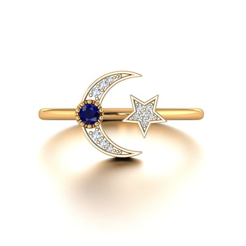 Purplemay Jewellery 【PurpleMay Jewellery】18K金半月星星藍寶石鑽石戒指 - R034