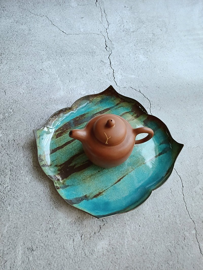 Handmade enamel tea tray and pot holder【Summer Solstice-Muqing】 - ถ้วย - ทองแดงทองเหลือง หลากหลายสี