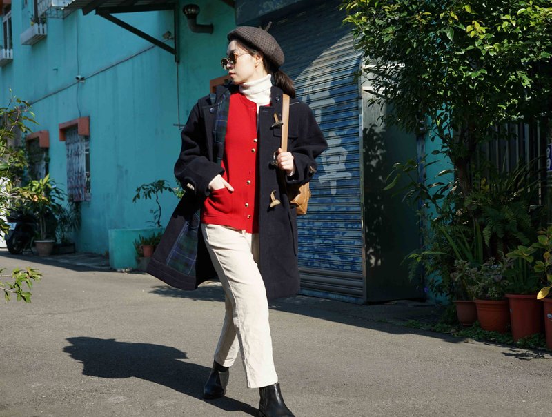尋寶古著-The scotch house經典英倫學院風深藍綠格紋牛角釦連帽大衣 - 女西裝外套 - 羊毛 藍色