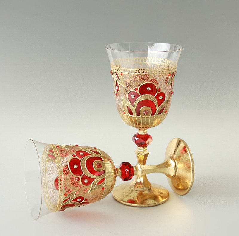 Royal Wine Glasses Wedding Anniversary Rubby Hand-painted set of 2 - 酒杯/酒器 - 玻璃 紅色