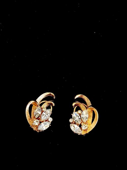 老時光製造所 vintage jewelry BSK 金色盛開花卉萊茵 夾式耳環