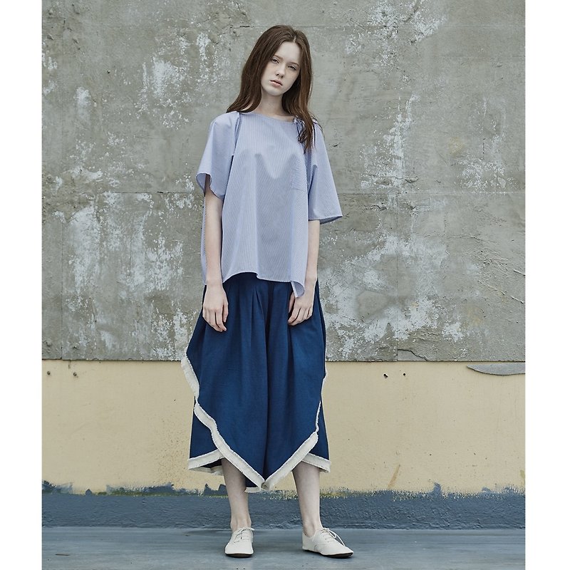 1701E0408 ( 棉麻造型褲裙 ) - 女長褲 - 棉．麻 藍色