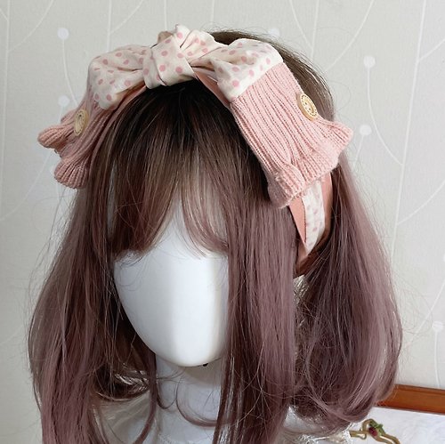 哈娜髮飾 Hanabi ~ 手工訂製飾品 草莓牛奶/ 可愛圓點荷葉邊 寬版 蝴蝶結 鬆緊髮帶 頭飾 頭巾