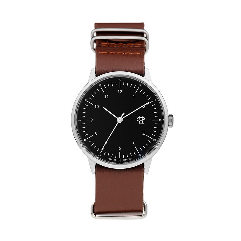 Harold系列 銀黑錶盤棕軍用皮革 手錶 - 男裝錶/中性錶 - 真皮 咖啡色