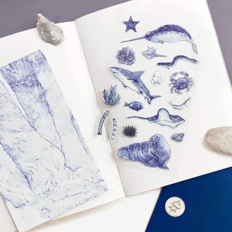 Deep Blue Watercolor Hand Painted Marine Life/Transparent White Ink Sticker-Dark Color - สติกเกอร์ - กระดาษ สีม่วง