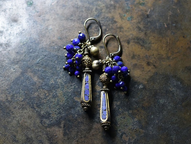 Earrings made of Tibetan beads with lapis lazuli, brass and ethnic bells. - Earrings & Clip-ons - Gemstone Blue