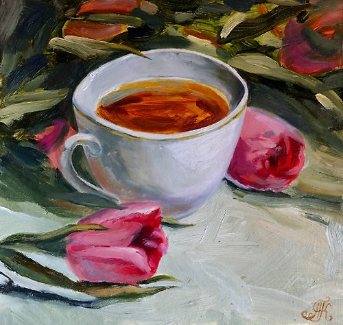 Alisa-Art Cup of tea and tulips still life wall art 8x8 inches Original oil painting