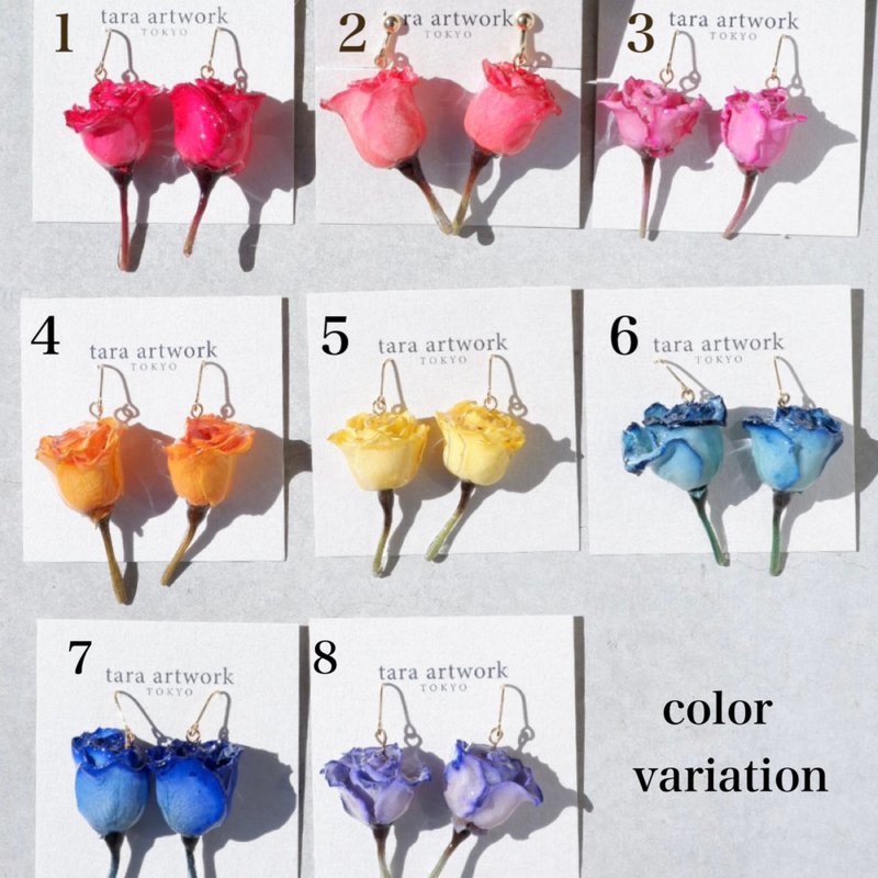ต่างหูดอกกุหลาบจริง แฮนด์เมดญี่ปุ่น เลือกสีได้ - ต่างหู - เรซิน หลากหลายสี