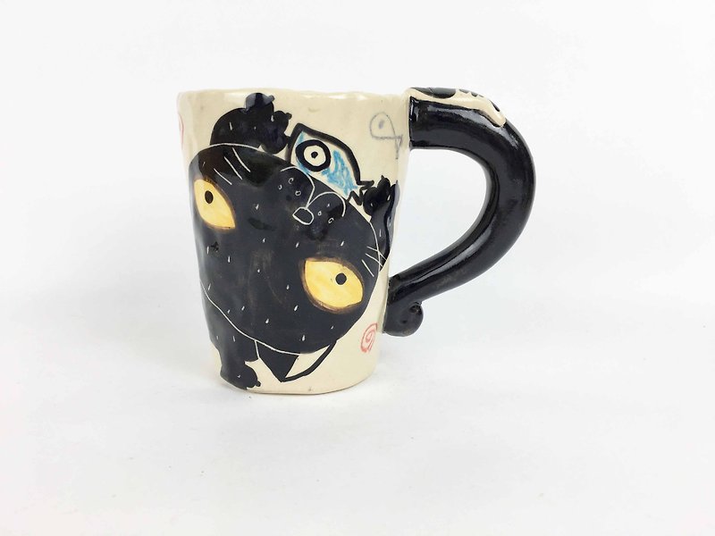 Nice Little Clay mug naughty little black cat 01061-03 - Mugs - Pottery White