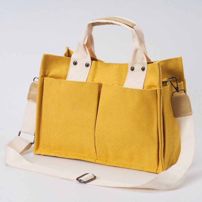 Bright yellow simple color matching shoulder bag portable dual-purpose all-match canvas tote bag - กระเป๋าถือ - เส้นใยสังเคราะห์ สีดำ