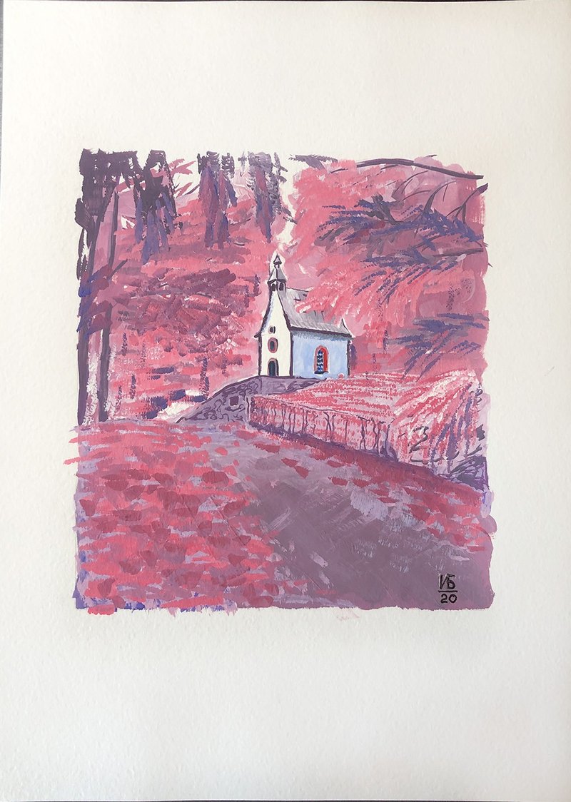Chapel Painting Fall Trees Original Art Road Gouache Artwork Forest Wall Art - 海報/掛畫/掛布 - 紙 粉紅色