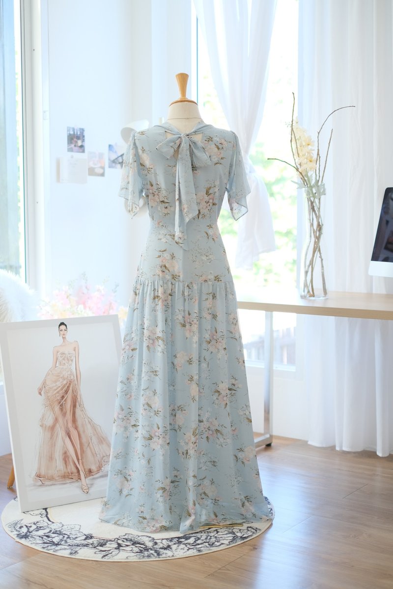 Blue floral bridesmaid dress Wedding guest dress Vintage inspired maxi dress - 洋裝/連身裙 - 聚酯纖維 藍色
