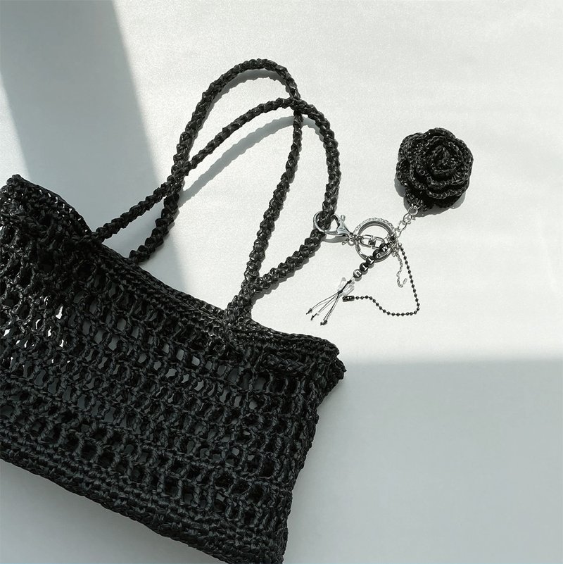 Summer Raffia Crochet Net Tote Bag (with Rose Keyring) - 手提包/手提袋 - 聚酯纖維 黑色