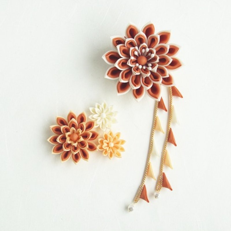 Tsumami hair ornament set, freely arranged, orange - เครื่องประดับผม - ผ้าฝ้าย/ผ้าลินิน สีส้ม