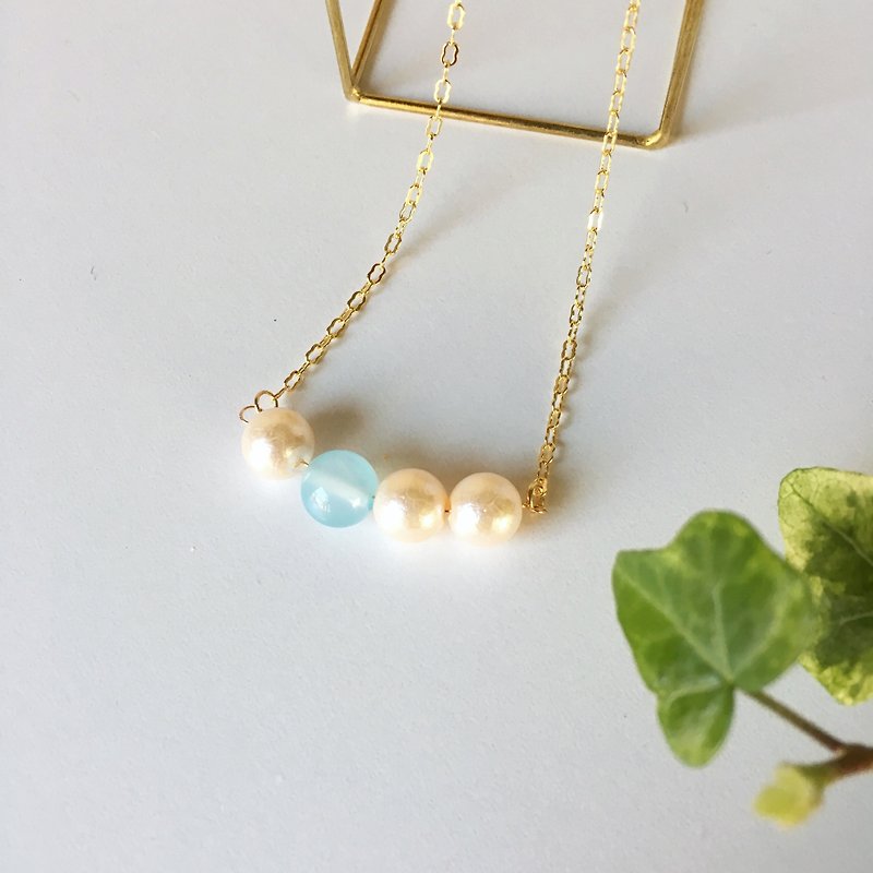 Sea Blue Chalcedony and Pearl Beads 4 Necklace - สร้อยคอ - เครื่องเพชรพลอย สีน้ำเงิน