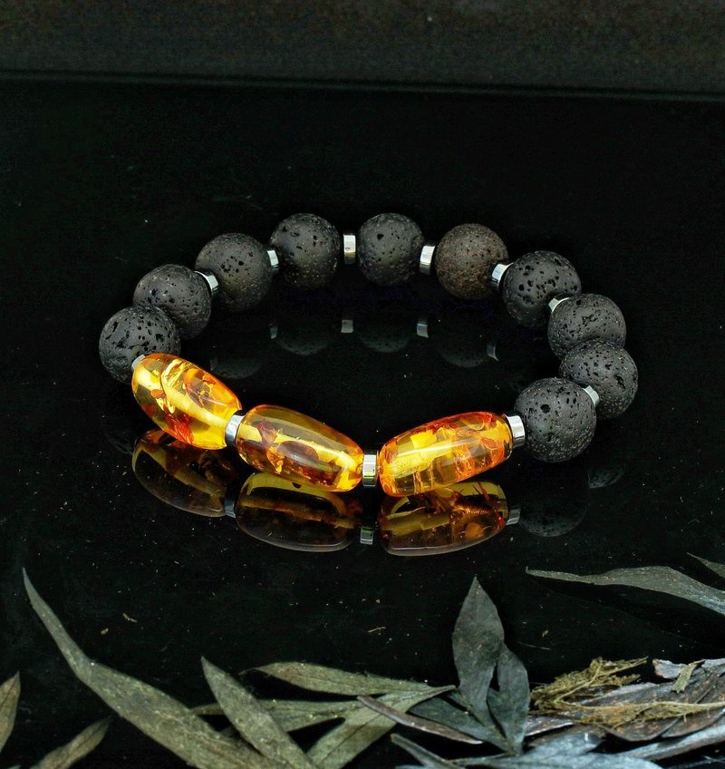 波羅的海金琥珀 12mm 火山石手鍊-2 - 手鍊/手環 - 玉石 