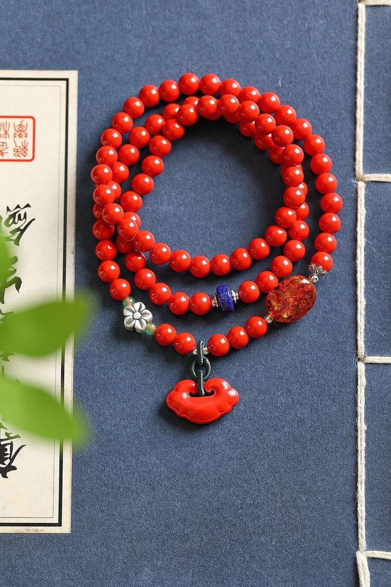 Natural cinnabar fine red sand three-circle bracelet content more than 95% 6mm - สร้อยข้อมือ - เครื่องเพชรพลอย 