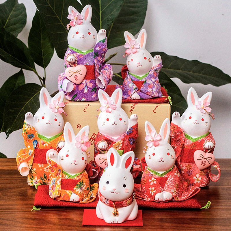 Japanese Yakushi Kiln Sakura Kimono Rabbit Ceramic Ornaments Heart Flower Rabbit Send Girls Decoration Gift Birthday Wedding - ของวางตกแต่ง - ดินเผา 