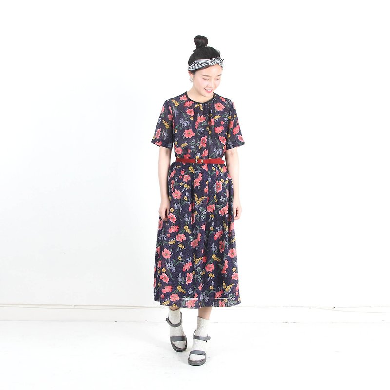 (Egg plants vintage) flowers and plants printing short-sleeved vintage dress - One Piece Dresses - Polyester Black