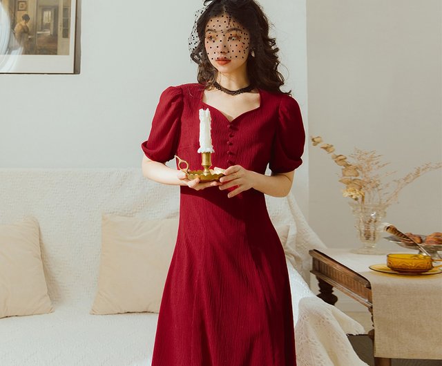 2020夏オリジナルデザイン赤Vネックレトロシフォンワンピースドレス