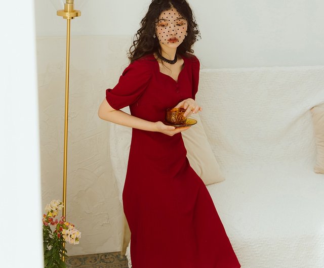 2020夏オリジナルデザイン赤Vネックレトロシフォンワンピースドレス