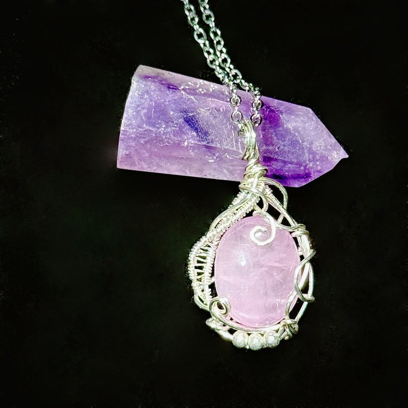 [Psychedelic] Metal Braided Kunzite Necklace Pendant - Necklaces - Crystal Pink